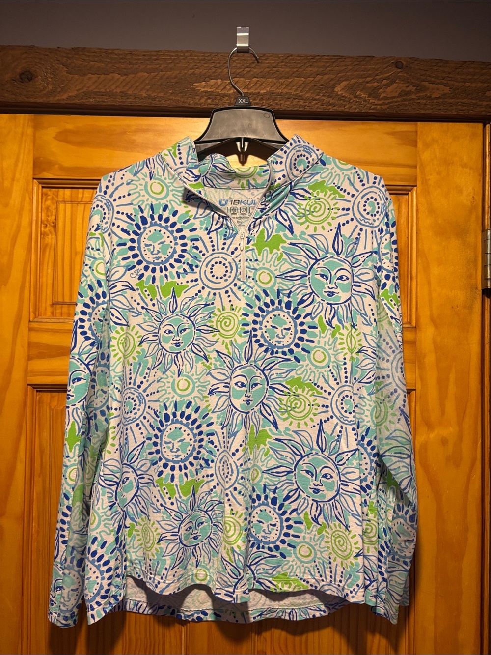 IBKUL Sun & Swirl Long Sleeve Polo - Blue, Green & White